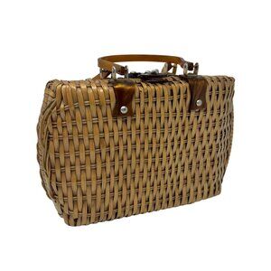 Vintage 50s Wicker Bag Brown Tortoise Top Handle Basket Purse